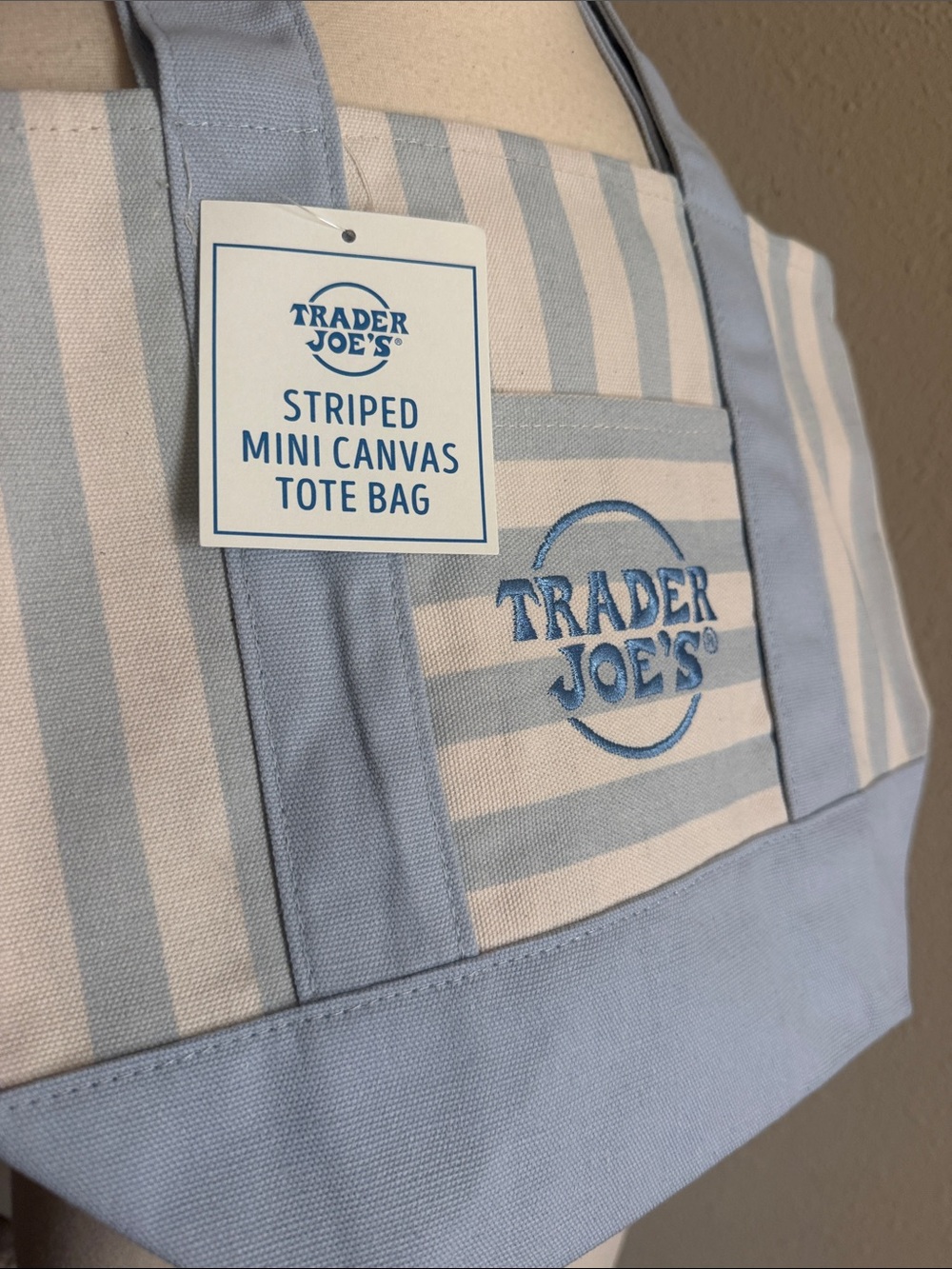 NWT Trader Joe's Striped Light Blue and White Mini Canvas Tote - Picture 2 of 6